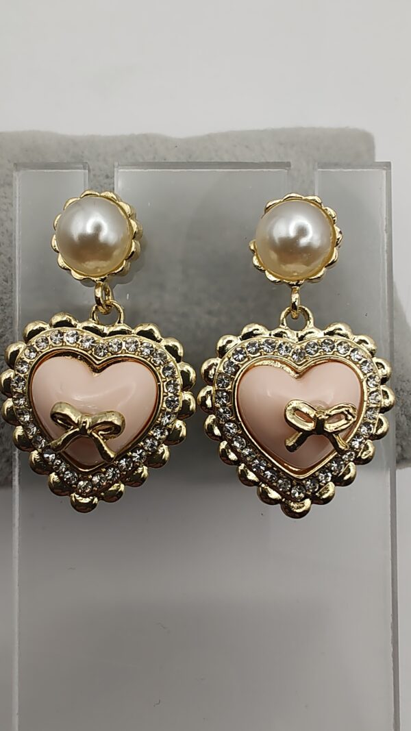 Pale Pink Ribbon Heart Drop Stud Earrings