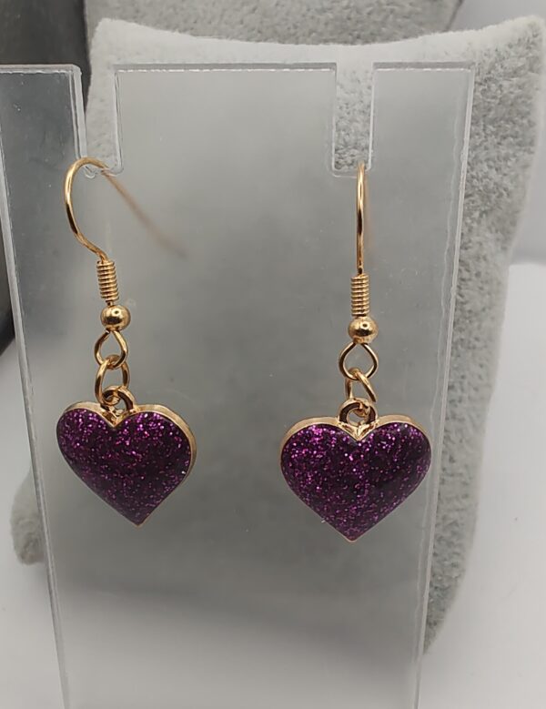 Purple Glitter Heart Enamel Hook Earrings