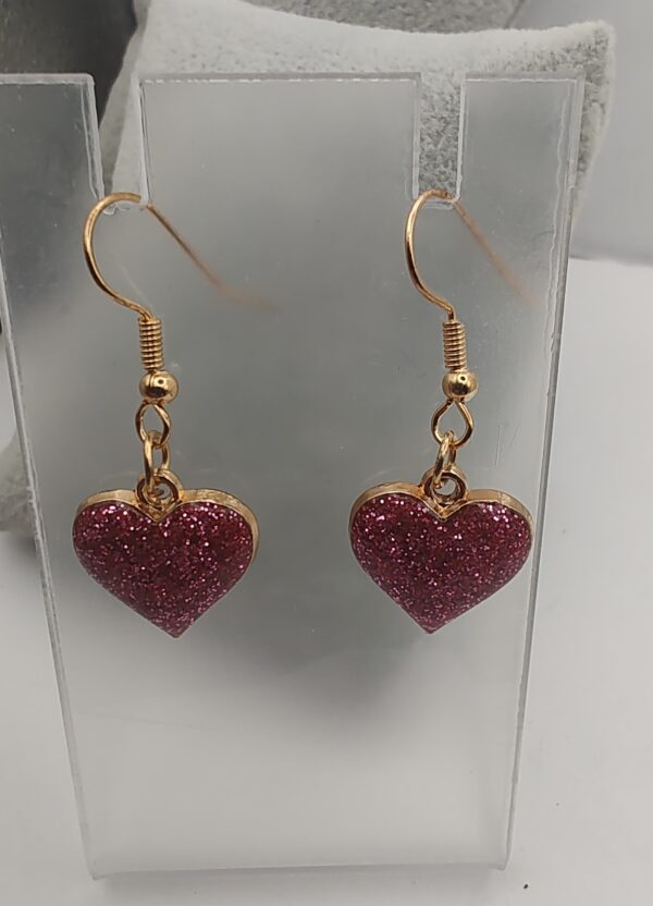 Pink Glitter Heart Enamel Hook Earrings