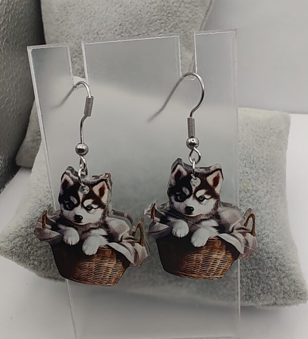 Husky Puppy Basket Acrylic Hook Earrings