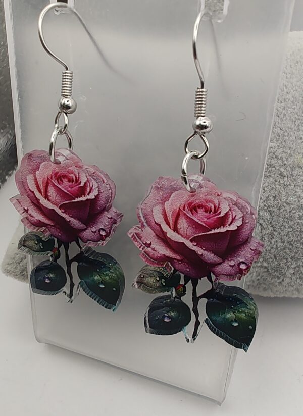 Pink Rose Stem Acrylic Hook Earrings