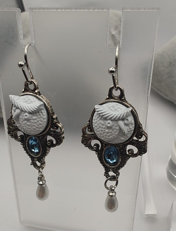 White Blue Bling Dangle Owl Hook Earrings