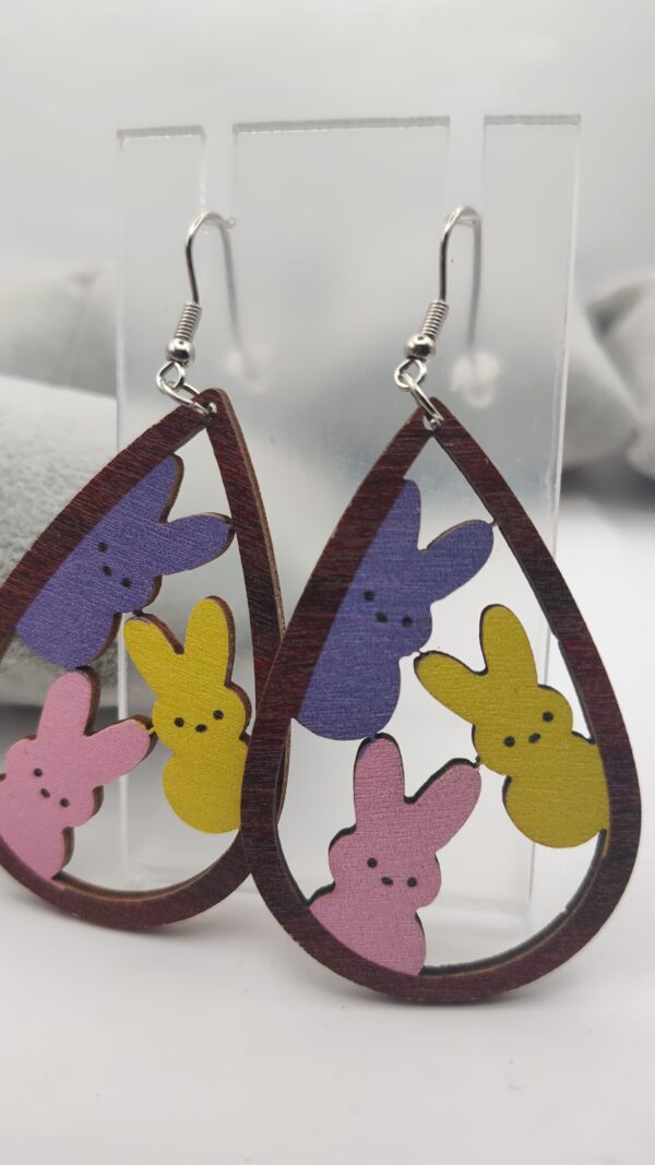 Wood Bunny Drop Hook Earrings