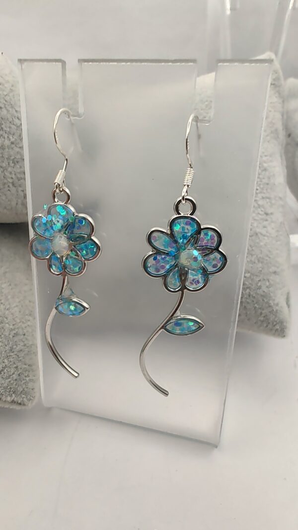 Daisy Glitter Bling Dangles Infused with Ethiopian Opal Sterling Hook Earrings Light Blue