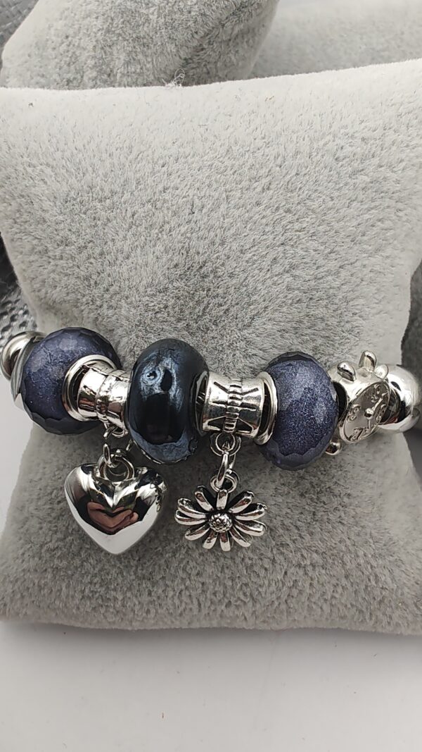 Navy Daisy Heart Bling Charm Bangle Bracelet