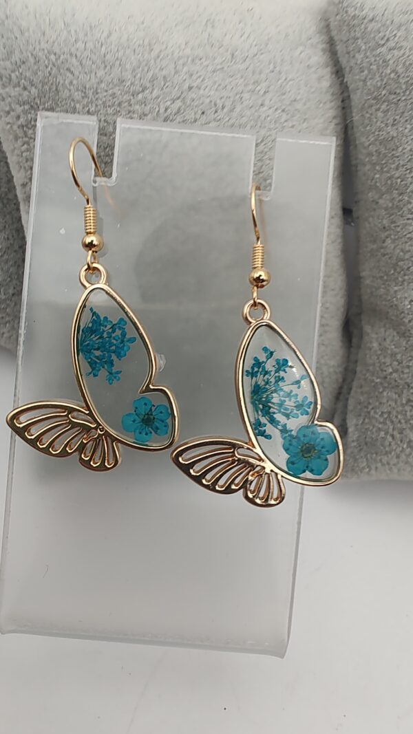 Butterfly Dried Flower Resin Hook Earrings Teal