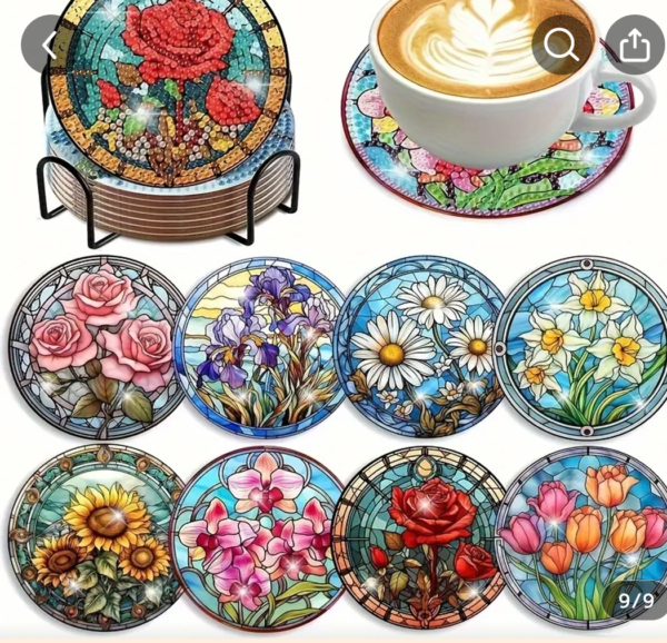 5D DIY Diamond Art Coaster Set with Stand Floral